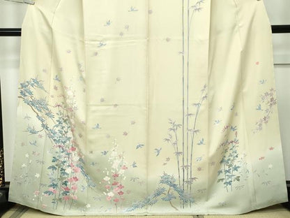 平和屋本店■極上　本加賀友禅作家　染元千紅代表　寺西一紘　訪問着　松竹梅花鳥文　暈し染め　砥粉色地　逸品　未使用　CZAA2773s5