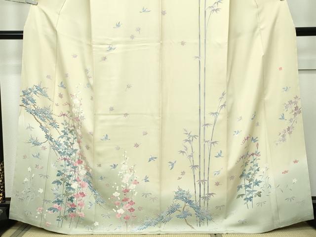 平和屋本店■極上　本加賀友禅作家　染元千紅代表　寺西一紘　訪問着　松竹梅花鳥文　暈し染め　砥粉色地　逸品　未使用　CZAA2773s5