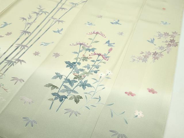 平和屋本店■極上　本加賀友禅作家　染元千紅代表　寺西一紘　訪問着　松竹梅花鳥文　暈し染め　砥粉色地　逸品　未使用　CZAA2773s5