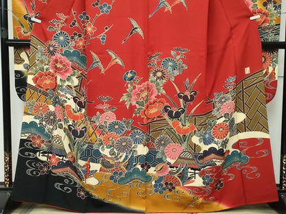 平和屋本店●極上 手ざし京紅型染・宮崎紅型 宮崎良次 振袖 鴛鴦飛鶴草花文 暈し染め 逸品 未使用 CZAA2784s5