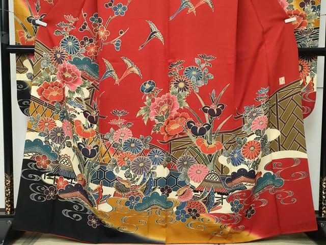 平和屋本店●極上 手ざし京紅型染・宮崎紅型 宮崎良次 振袖 鴛鴦飛鶴草花文 暈し染め 逸品 未使用 CZAA2784s5