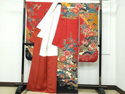 平和屋本店●極上 手ざし京紅型染・宮崎紅型 宮崎良次 振袖 鴛鴦飛鶴草花文 暈し染め 逸品 未使用 CZAA2784s5