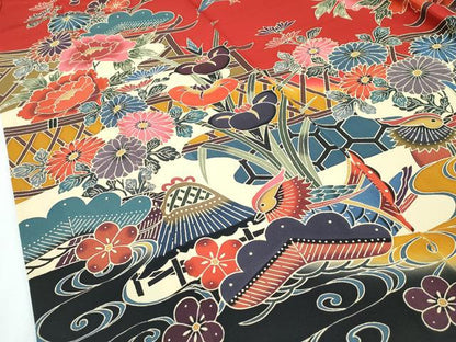 平和屋本店●極上 手ざし京紅型染・宮崎紅型 宮崎良次 振袖 鴛鴦飛鶴草花文 暈し染め 逸品 未使用 CZAA2784s5