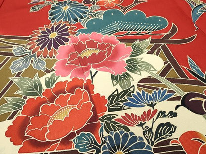 平和屋本店●極上 手ざし京紅型染・宮崎紅型 宮崎良次 振袖 鴛鴦飛鶴草花文 暈し染め 逸品 未使用 CZAA2784s5