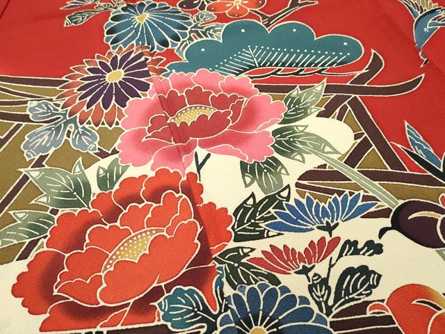 平和屋本店●極上 手ざし京紅型染・宮崎紅型 宮崎良次 振袖 鴛鴦飛鶴草花文 暈し染め 逸品 未使用 CZAA2784s5