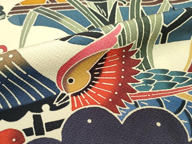 平和屋本店●極上 手ざし京紅型染・宮崎紅型 宮崎良次 振袖 鴛鴦飛鶴草花文 暈し染め 逸品 未使用 CZAA2784s5