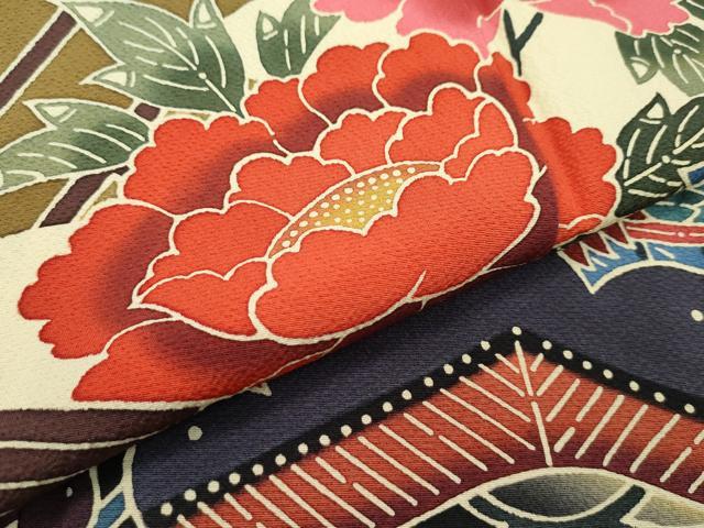 平和屋本店●極上 手ざし京紅型染・宮崎紅型 宮崎良次 振袖 鴛鴦飛鶴草花文 暈し染め 逸品 未使用 CZAA2784s5