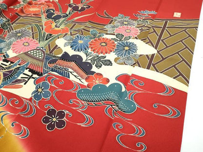 平和屋本店●極上 手ざし京紅型染・宮崎紅型 宮崎良次 振袖 鴛鴦飛鶴草花文 暈し染め 逸品 未使用 CZAA2784s5