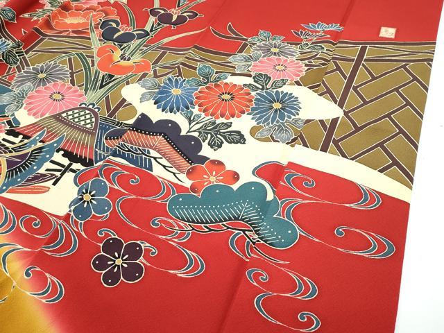 平和屋本店●極上 手ざし京紅型染・宮崎紅型 宮崎良次 振袖 鴛鴦飛鶴草花文 暈し染め 逸品 未使用 CZAA2784s5