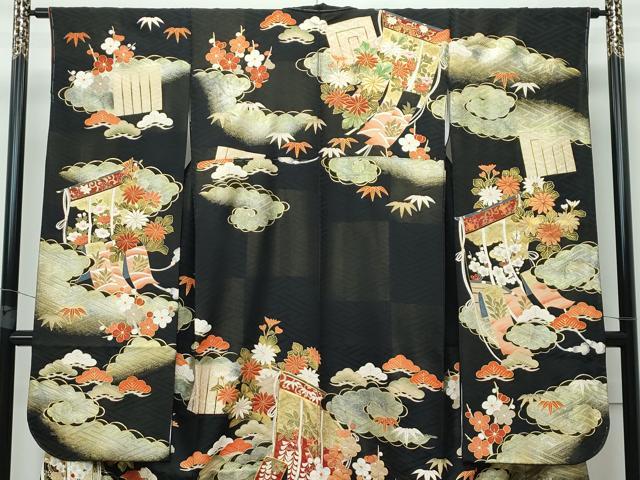 平和屋本店■極上　振袖　駒刺繍　雲取り几帳花文　黒地　金通し地　逸品　CZAA2787s5