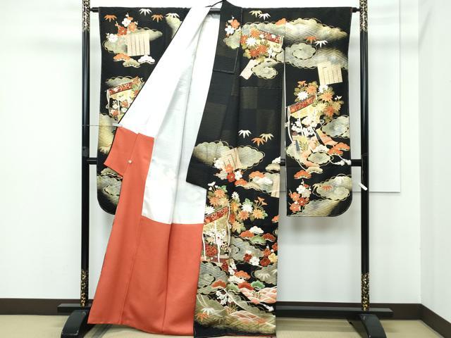 平和屋本店■極上　振袖　駒刺繍　雲取り几帳花文　黒地　金通し地　逸品　CZAA2787s5