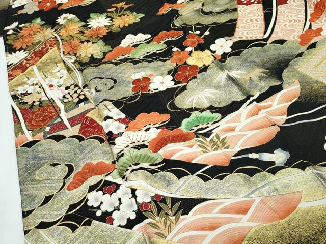 平和屋本店■極上　振袖　駒刺繍　雲取り几帳花文　黒地　金通し地　逸品　CZAA2787s5