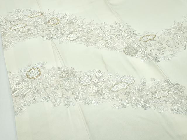 平和屋本店●極上　訪問着　総手刺繍　雪輪地紙草花文　暈し染め　金糸　若芽色地　逸品　CZAA5787s6
