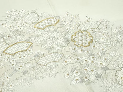 平和屋本店●極上　訪問着　総手刺繍　雪輪地紙草花文　暈し染め　金糸　若芽色地　逸品　CZAA5787s6