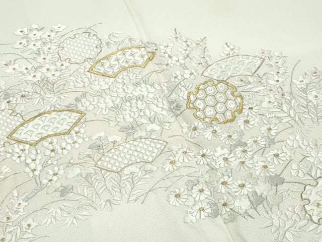 平和屋本店●極上　訪問着　総手刺繍　雪輪地紙草花文　暈し染め　金糸　若芽色地　逸品　CZAA5787s6