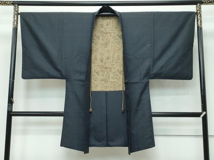 平和屋本店＃極上 男性 長羽織 お召地 濃紺地 羽裏：草花文 羽織紐付き 逸品 CZAA2801s5