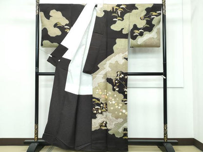 平和屋本店●極上　十日町　名門青柳高級ブランド　大喜百花　訪問着　駒刺繍　絞り　霞花松文　金彩　憲法黒茶色地　逸品　CZAA2812s5