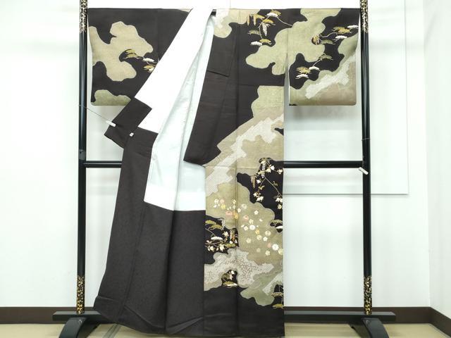 平和屋本店●極上　十日町　名門青柳高級ブランド　大喜百花　訪問着　駒刺繍　絞り　霞花松文　金彩　憲法黒茶色地　逸品　CZAA2812s5