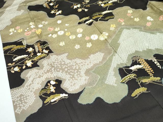 平和屋本店●極上　十日町　名門青柳高級ブランド　大喜百花　訪問着　駒刺繍　絞り　霞花松文　金彩　憲法黒茶色地　逸品　CZAA2812s5