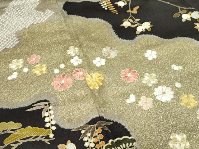 平和屋本店●極上　十日町　名門青柳高級ブランド　大喜百花　訪問着　駒刺繍　絞り　霞花松文　金彩　憲法黒茶色地　逸品　CZAA2812s5