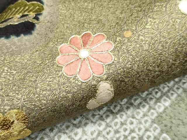 平和屋本店●極上　十日町　名門青柳高級ブランド　大喜百花　訪問着　駒刺繍　絞り　霞花松文　金彩　憲法黒茶色地　逸品　CZAA2812s5