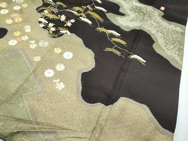 平和屋本店●極上　十日町　名門青柳高級ブランド　大喜百花　訪問着　駒刺繍　絞り　霞花松文　金彩　憲法黒茶色地　逸品　CZAA2812s5