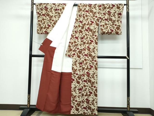 平和屋本店■極上　浦野理一　型染　小紋　草花文　鬼しぼ縮緬　利休茶色地　逸品　CZAA2832s5