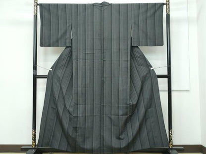 平和屋本店▽極上 本塩沢 単衣 縞 黒地 逸品 CZAA2836s5