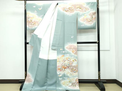 平和屋本店■極上　創業460年・千總　訪問着　駒刺繍　雲取り草花文　暈し染め　金彩　深川鼠色地　逸品　CZAA2837s5