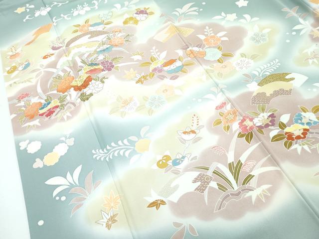 平和屋本店■極上　創業460年・千總　訪問着　駒刺繍　雲取り草花文　暈し染め　金彩　深川鼠色地　逸品　CZAA2837s5