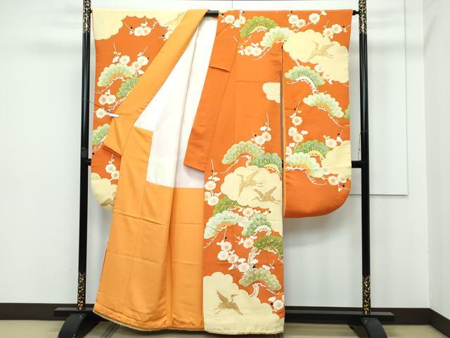平和屋本店■極上　銀座　志ま亀　振袖・丸帯セット　駒刺繍　雲取り飛鶴花松文　金彩　代赭色地　たとう紙付き　逸品　CZAA2846s5
