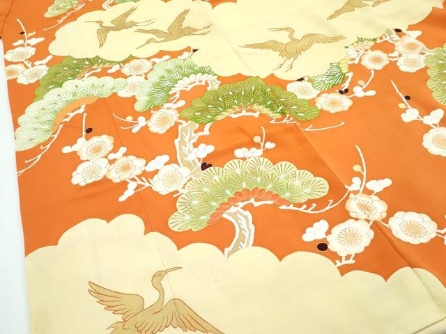 平和屋本店■極上　銀座　志ま亀　振袖・丸帯セット　駒刺繍　雲取り飛鶴花松文　金彩　代赭色地　たとう紙付き　逸品　CZAA2846s5