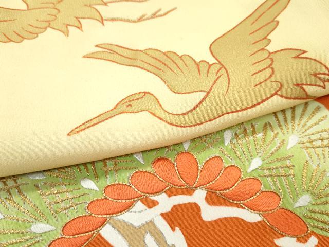 平和屋本店■極上　銀座　志ま亀　振袖・丸帯セット　駒刺繍　雲取り飛鶴花松文　金彩　代赭色地　たとう紙付き　逸品　CZAA2846s5