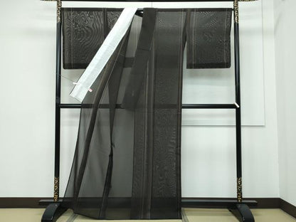 平和屋本店■希少　夏物　本場黄八丈　夏黄八　黒八丈　紗紬　縞　海松茶色地　逸品　未使用　CZAA2848s5