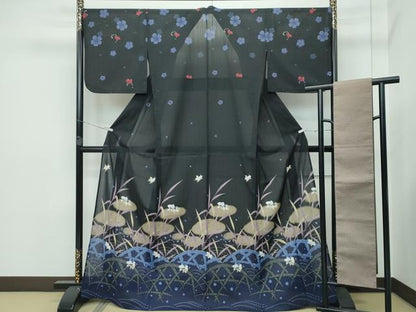 平和屋着物＊極上 夏物 訪問着・半幅帯セット ANNA SUI セオアルファ 籬草花文 金魚 黒地 洗える着物 CZAA2886s5