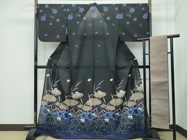 平和屋着物＊極上 夏物 訪問着・半幅帯セット ANNA SUI セオアルファ 籬草花文 金魚 黒地 洗える着物 CZAA2886s5