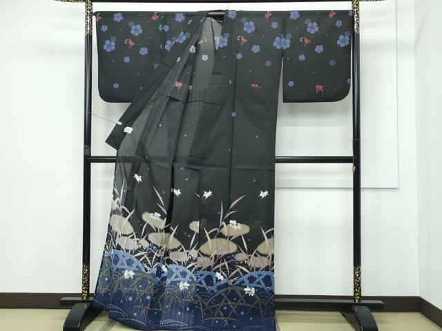平和屋着物＊極上 夏物 訪問着・半幅帯セット ANNA SUI セオアルファ 籬草花文 金魚 黒地 洗える着物 CZAA2886s5