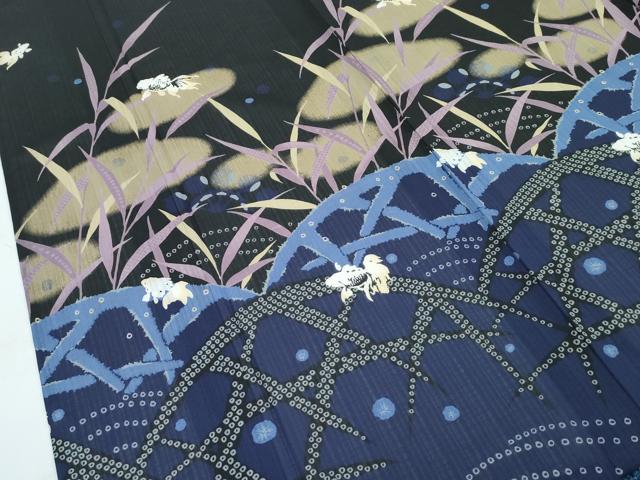 平和屋着物＊極上 夏物 訪問着・半幅帯セット ANNA SUI セオアルファ 籬草花文 金魚 黒地 洗える着物 CZAA2886s5