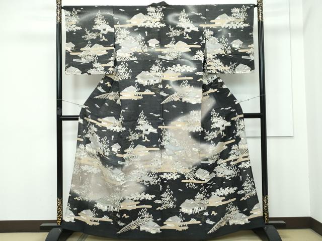 平和屋本店＊極上 夏物 染織の名門 しょうざん 生紬 訪問着 人物風景文 藍海松茶色地 ますいわ屋扱い 逸品 CZAA2935s5