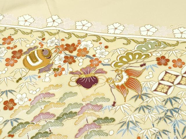 平和屋着物●極上　色留袖　駒刺繍　宝尽くし　金彩　蜂蜜色地　逸品　CZAA2945s5