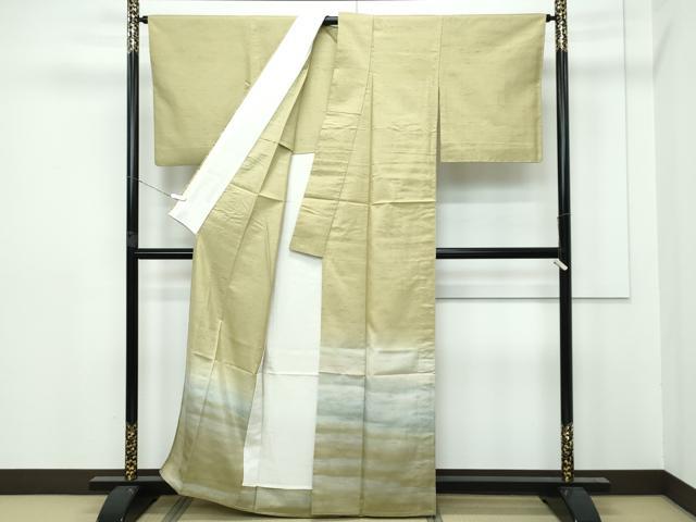 平和屋着物▽極上 石川県指定無形文化財 牛首紬 白山工房 手織り 訪問着 単衣 霞文 桑染色地 逸品 CZAA2950s5