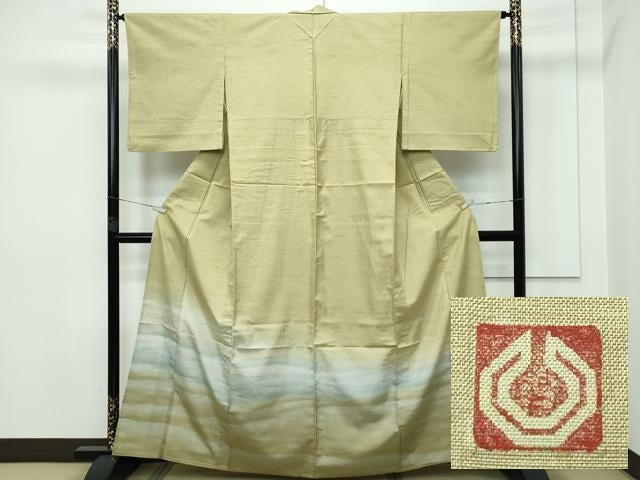 平和屋着物▽極上 石川県指定無形文化財 牛首紬 白山工房 手織り 訪問着 単衣 霞文 桑染色地 逸品 CZAA2950s5