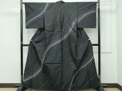 平和屋本店▽極上 訪問着 単衣 紬地 総刺繍 刺し子 流線文 黒地 逸品 CZAA2951s5