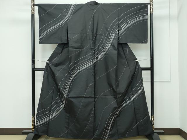 平和屋本店▽極上 訪問着 単衣 紬地 総刺繍 刺し子 流線文 黒地 逸品 CZAA2951s5