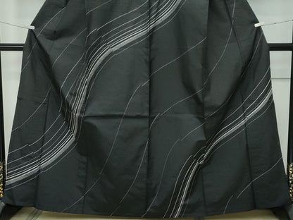 平和屋本店▽極上 訪問着 単衣 紬地 総刺繍 刺し子 流線文 黒地 逸品 CZAA2951s5