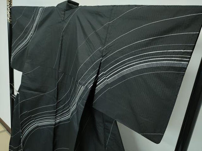 平和屋本店▽極上 訪問着 単衣 紬地 総刺繍 刺し子 流線文 黒地 逸品 CZAA2951s5