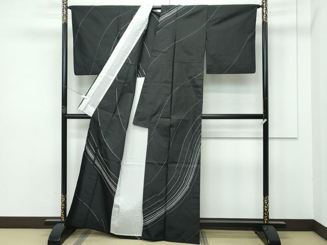 平和屋本店▽極上 訪問着 単衣 紬地 総刺繍 刺し子 流線文 黒地 逸品 CZAA2951s5