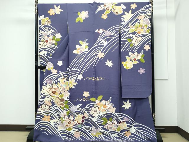 平和屋本店■極上　創業460年・千總　誰が袖好み　振袖　駒刺繍　立波草花文　金彩　濃鼠色地　高島屋扱い　逸品　CZAA3037s5