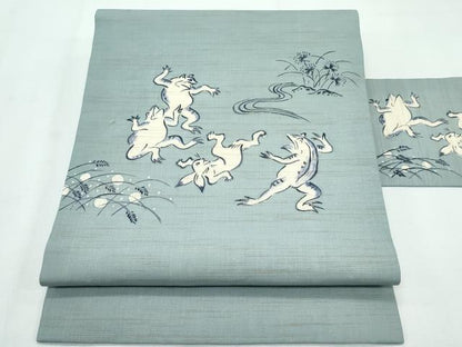 平和屋着物＊極上 夏物 九寸名古屋帯 藍 手描き 鳥獣戯画 深川鼠色地 麻 逸品 CZAA3062s5