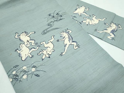 平和屋着物＊極上 夏物 九寸名古屋帯 藍 手描き 鳥獣戯画 深川鼠色地 麻 逸品 CZAA3062s5